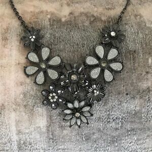 Gun Metal Floral Rhinestone Pendant Statement Necklace